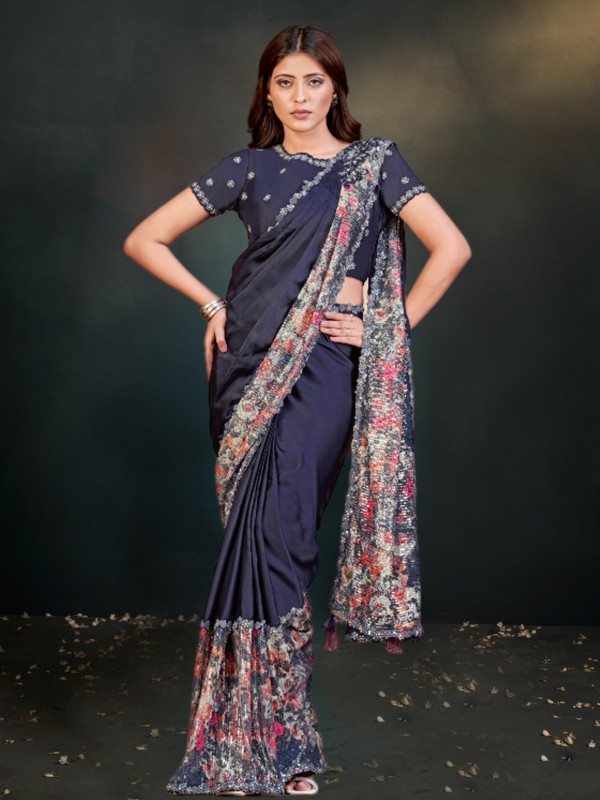 Navy Blue Crepe Satin Silk Ready To Wear Saree